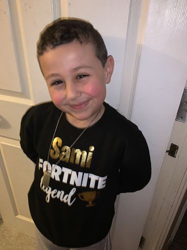 Customer photo review of Personalised Fortnite Legend Kids Sweatshirt (MRK X)