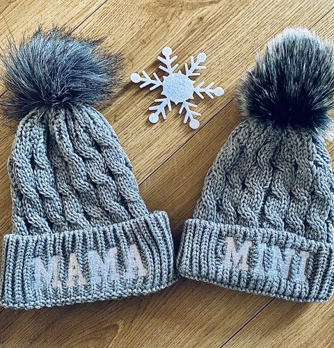 Customer photo review of Mama & Mini Matching Cable Knit Pom Beanie Hats Grey (MRK X)