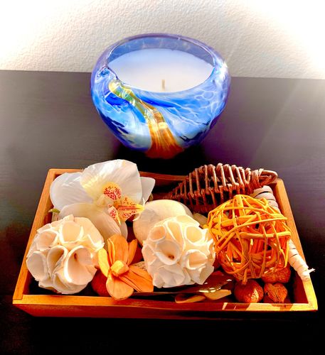 Customer photo review of Hand Blown Glass Heirloom Artisan Soy Candle   (Ocean Blue)