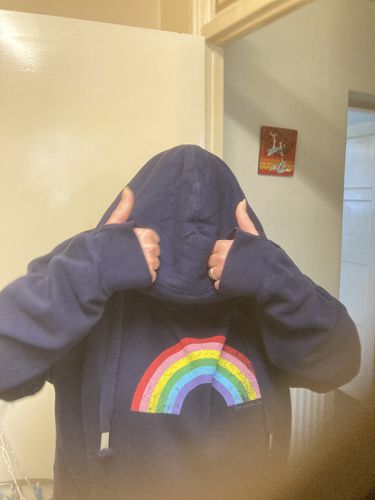 Customer photo review of New In. Distressed Navy Rainbow Cowl Neck Hoodie