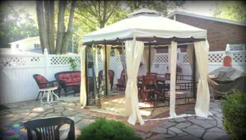 Customer photo review of 12ft Patio Double-Roof Gazebo Canopy Hexagonal with Netting & Curtain, Cream