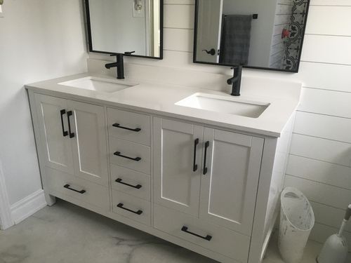 Customer photo review of CCS201 - 60" White, Double Sink, Floor Standing Modern Bathroom Vanity ,Pure White Quartz Countertop, Chrome Hardware.