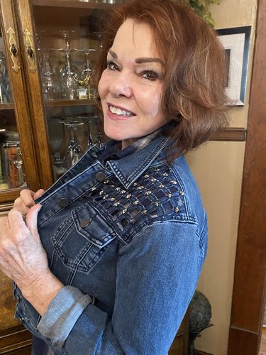 Customer photo review of Joseph Ribkoff Blueberry Studded Cutout Detail Button-Down Denim Jacket 203193 NEW