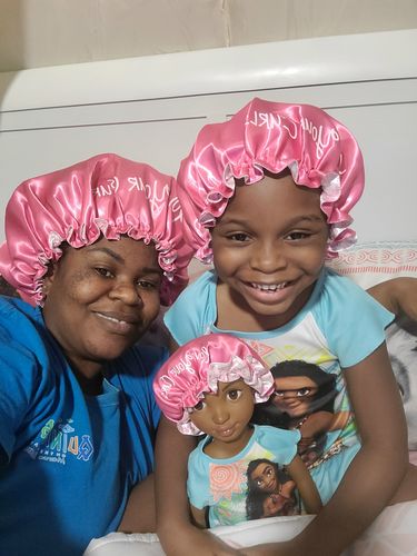 Customer photo review of "Love My Curls" Mommy, Me & Mini Satin Bonnet Bundle