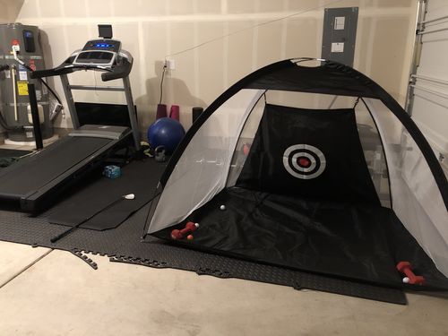 Customer photo review of Golf Practice Driving Net for Indoors and Outdoors | Tri-Turf Hitting Mat