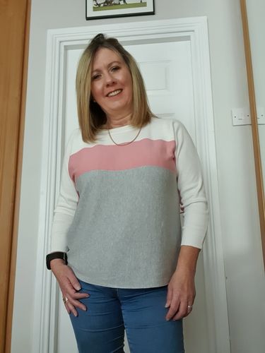 Customer photo review of Alina Blush Stripe Sweater