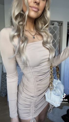 Customer photo review of Golden Tan Ruched Dress