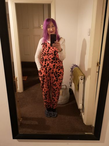 Customer photo review of Leopard Knot Tie Dungarees in Coral
