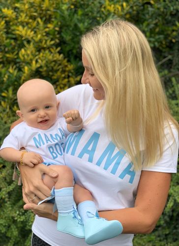 Customer photo review of Mama & Mama's Boy Classic White/Sky T-Shirts