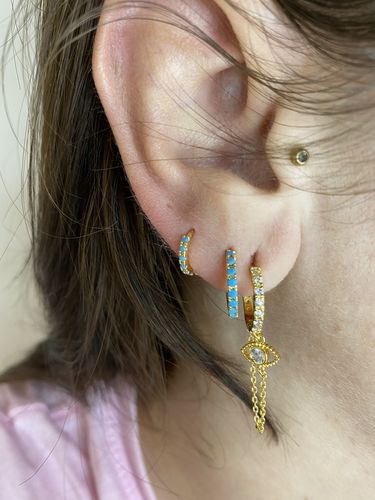 Customer photo review of Pave Eye Dangle Huggies Gold