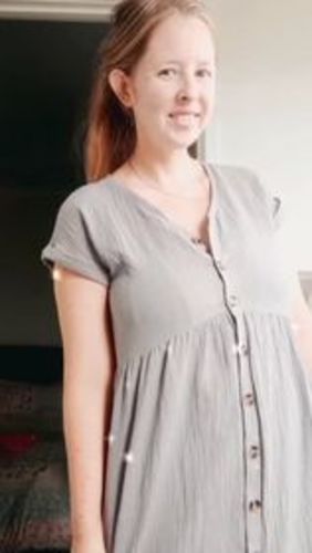 Customer photo review of Linen Maternity Shift Dress in Soft Grey