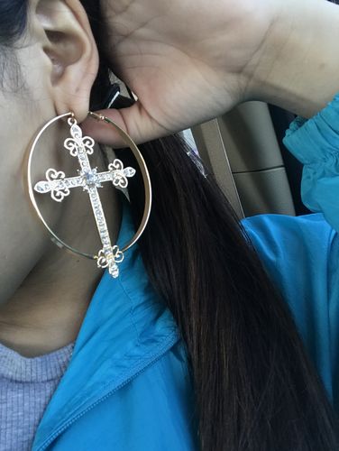 Customer photo review of Rhinestone Cross Gold Hoop Earrings