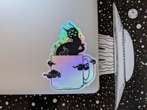 Customer photo review of Black Cat In Coffee Cup, Holographic Sticker