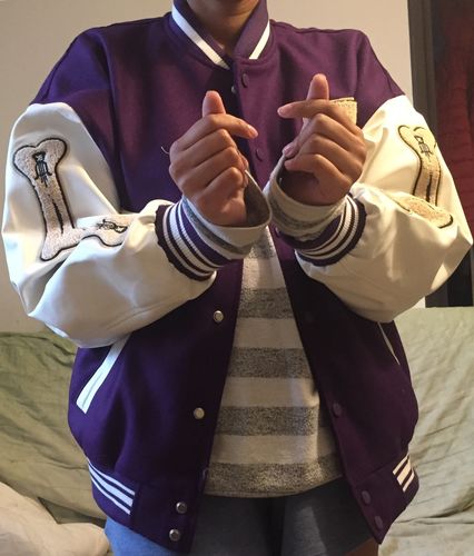 Customer photo review of "Blessed" Varsity Jacket