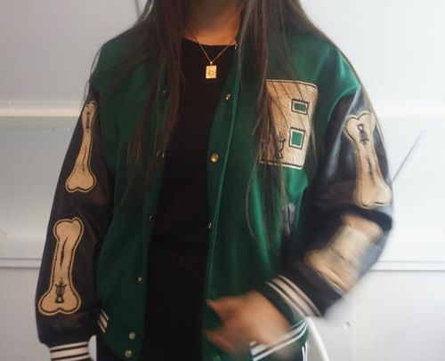 Customer photo review of "Blessed" Varsity Jacket