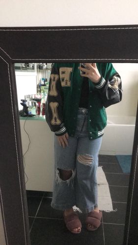 Customer photo review of "Blessed" Varsity Jacket