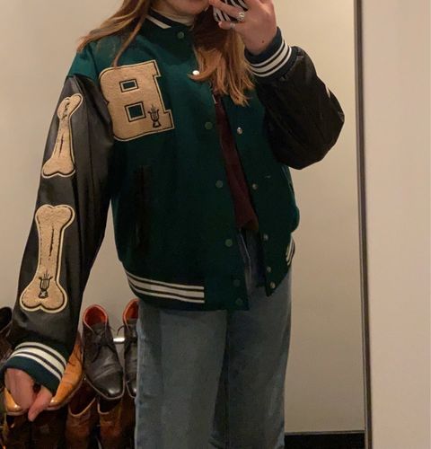 Customer photo review of "Blessed" Varsity Jacket