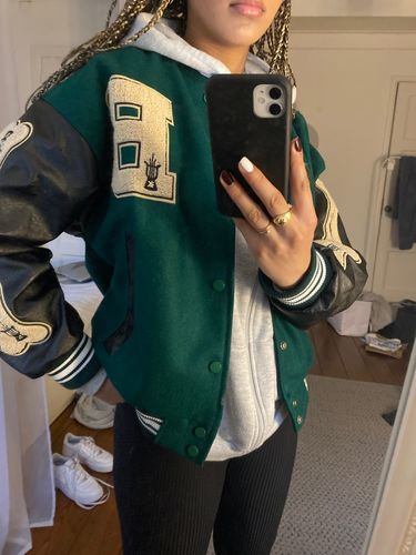 Customer photo review of "Blessed" Varsity Jacket