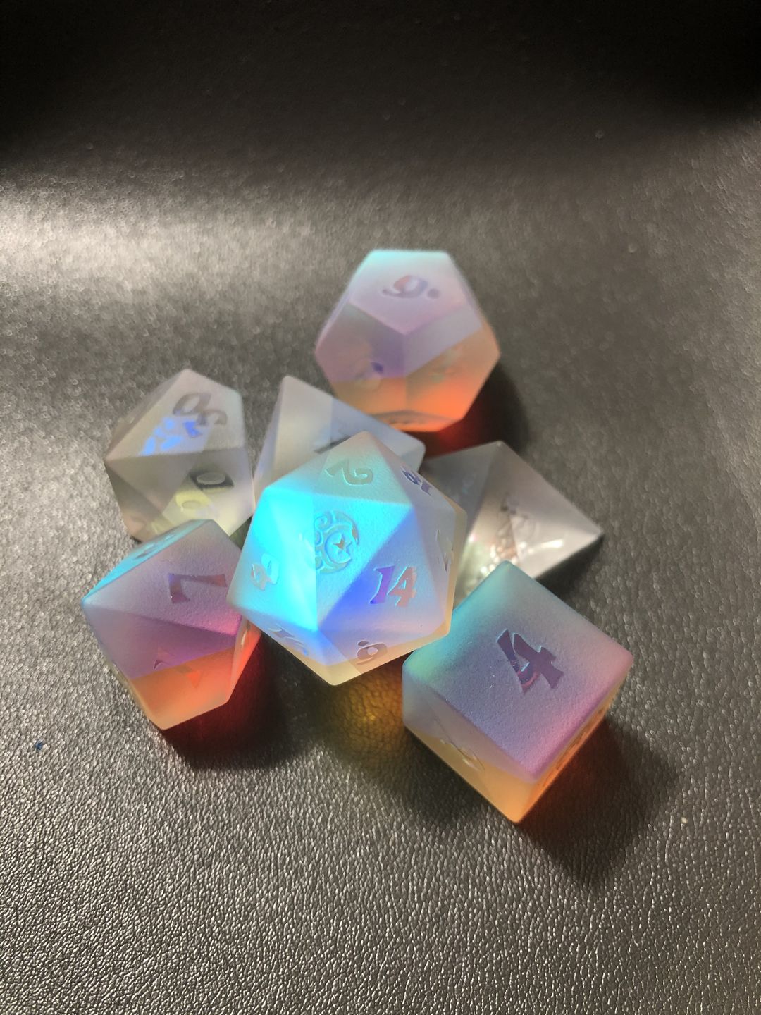 Customer photo review of URWizards Dnd Dichroic Prism  Glass Raised Dice Set Moon & Star