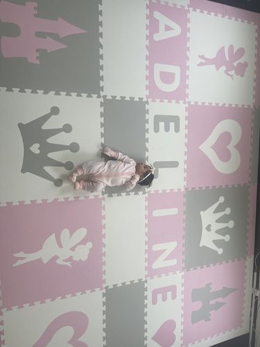 Customer photo review of Easy Personalize- SoftTiles Princess Play Mat in White, Light Pink, & Light Gray - 8 Letter Name- 6.5' x 8.5'