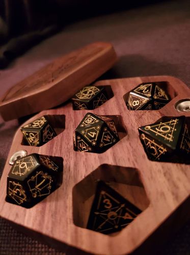 Customer photo review of URWizards Dnd Obsidian Engraved Dice Set Astrology Style