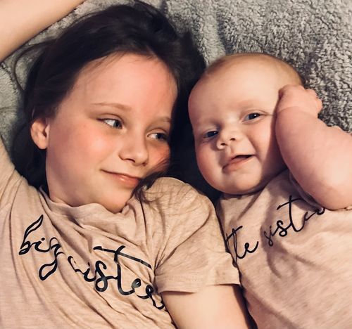 Customer photo review of Big Sister & Little Sister Heather Peach Script T-Shirts (MRK X)