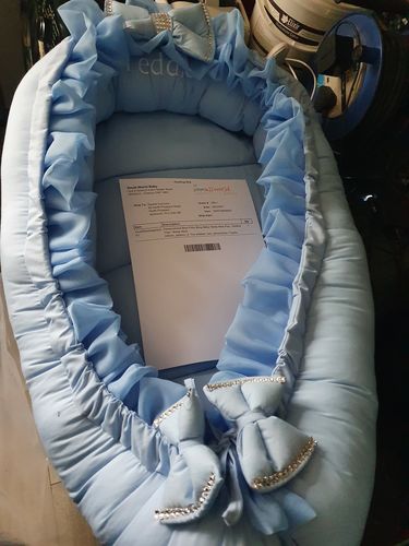Customer photo review of Personalised Blue Frilly Bling Baby Sleep Nest Pod