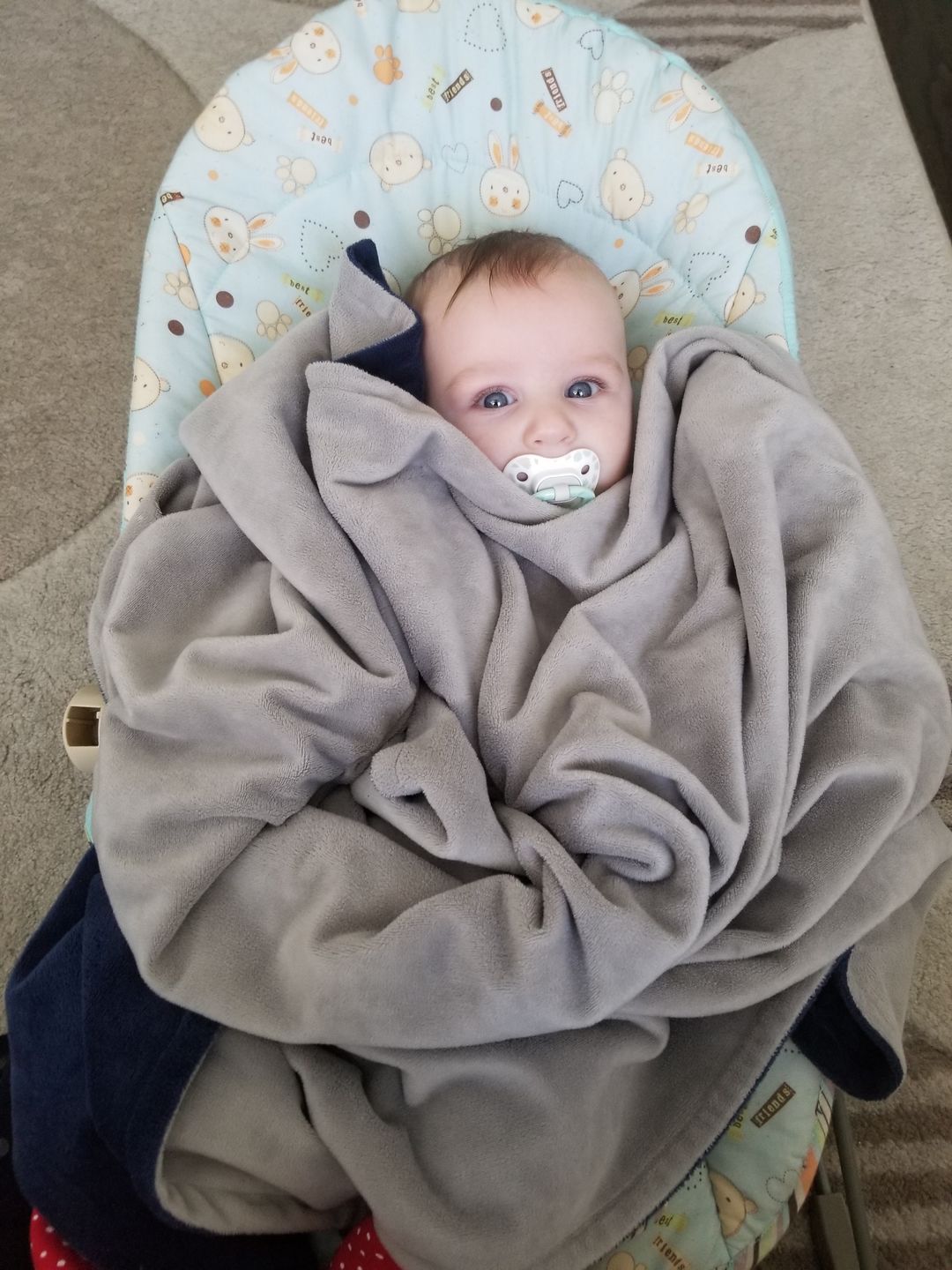 Customer photo review of Minky Bee  Stroller Blanket Grey/Navy