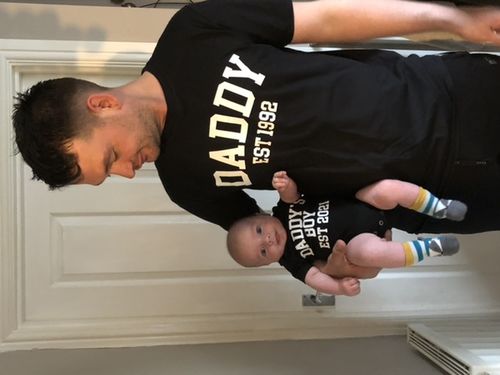 Customer photo review of Daddy & Daddy's Boy Varsity Established Matching Black T-Shirt & Bodysuit (MRK X)
