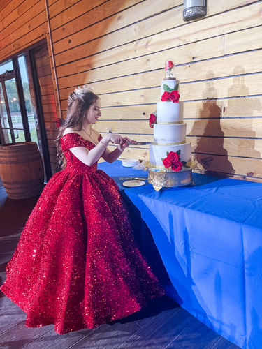 Customer photo review of Couture Sparkly Sequin Ball Gown Off the Shoulder Debut Dresses FD1768