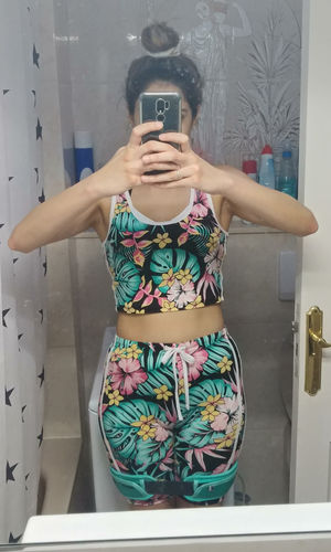 Customer photo review of Cropped Soft Graphic Side Stripe Tank Top - Black Floral