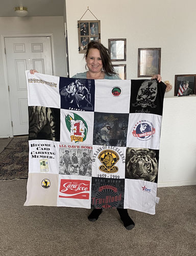 T-shirt quilt with military service, veterans support themes by Laurie from CO