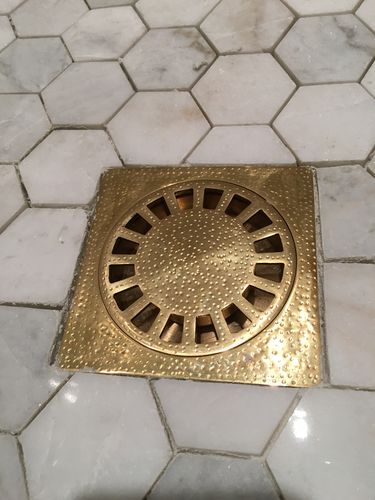 Customer photo review of Solid Brass Floor Drain, Hammered Square Shower Drain