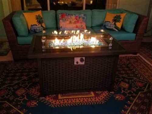 Customer photo review of 44" Propane Gas Fire Pit Table 50000 BTU Auto-Ignition with Windguard, Glass Stone, Brown