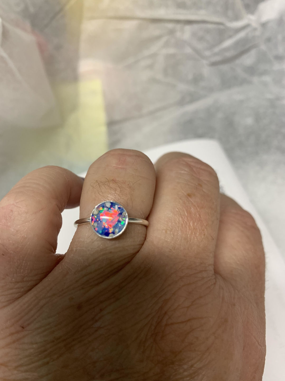 Customer photo review of Opal Heart Ring with Cremation Ashes