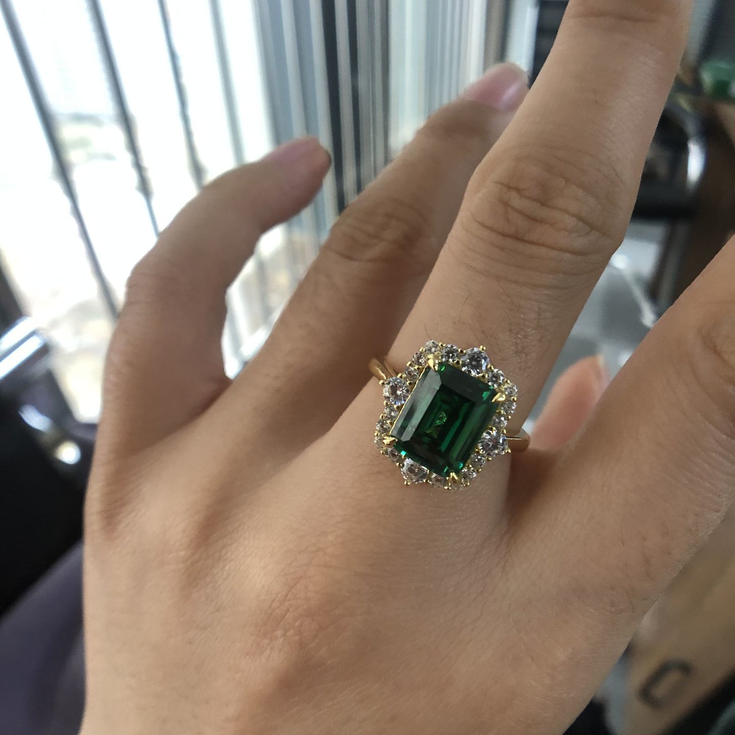 Customer photo review of S925 3.0Ct Emerald Cut Green/Red/Blue Stone Halo Engagement Ring Vintage Ring
