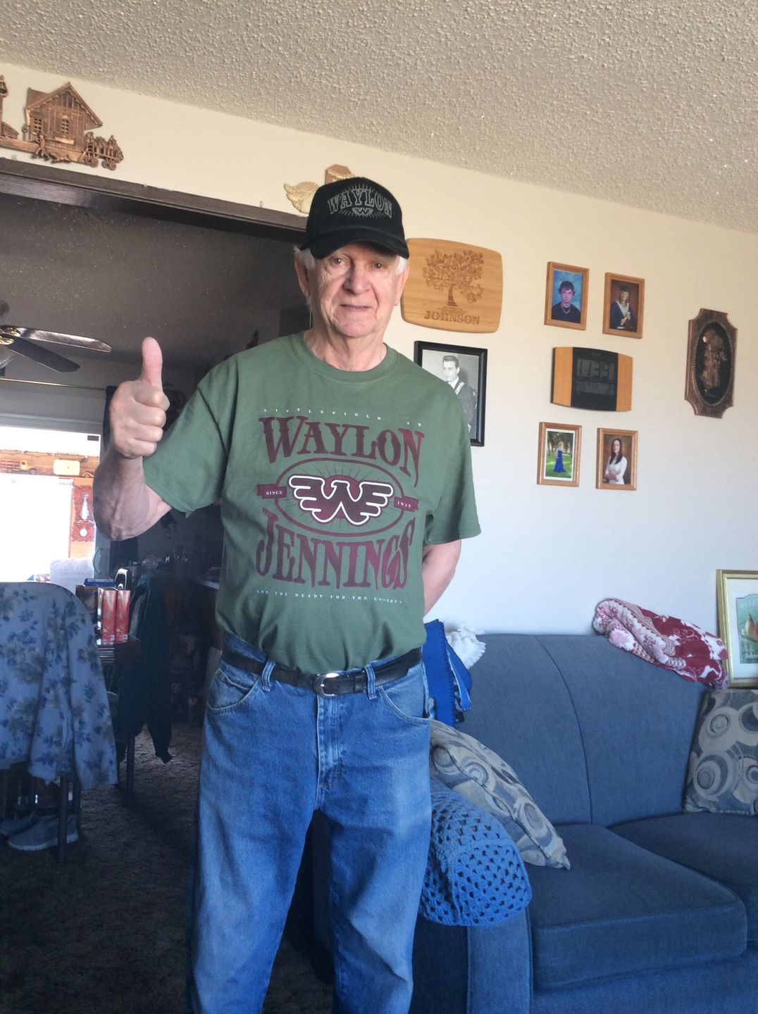 Customer photo review of Waylon Jennings Ready for the Country Flying W Mens Tee Shirt (Military Green)