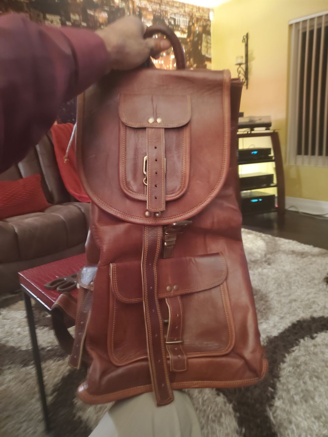 Customer photo review of Large Leather Outdoor Hiking Travel Backpack Rucksack