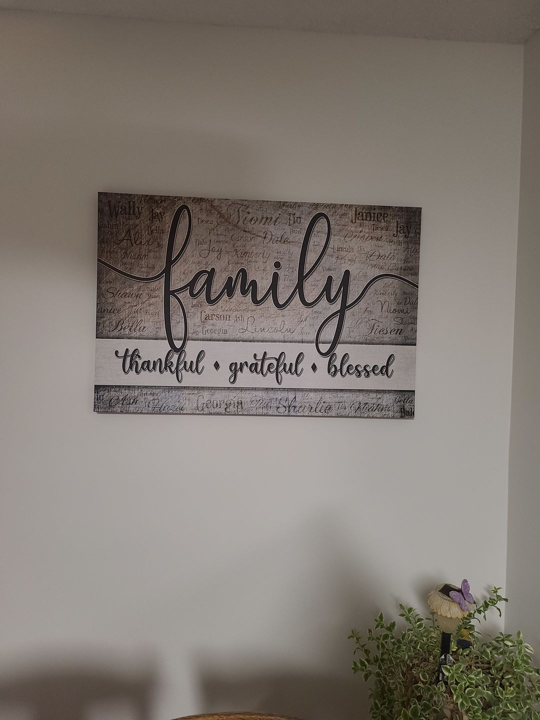 Customer photo review of Personalized "Family - Thankful, Grateful, Blessed" Names On Background Premium Canvas