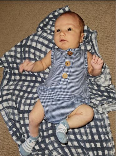 Customer photo review of Navy Checks Organic Bubble Romper