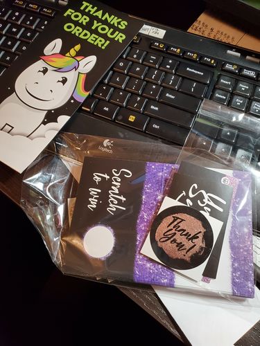Customer photo review of Purple Glitter Thank You Folded Scratch Cards