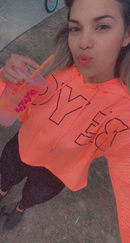 Customer photo review of 'SMR' Mesh Cropped Hoodie - Soft Neon Coral