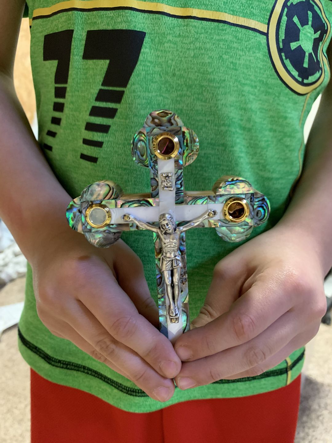 Customer photo review of Olive Wood Crucifix (Fully covered with Mother of Pearl)