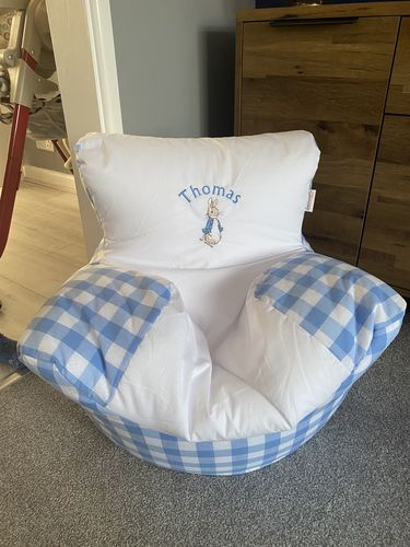 Customer photo review of Personalised Blue Gingham Peter Rabbit Bean Bag Chair