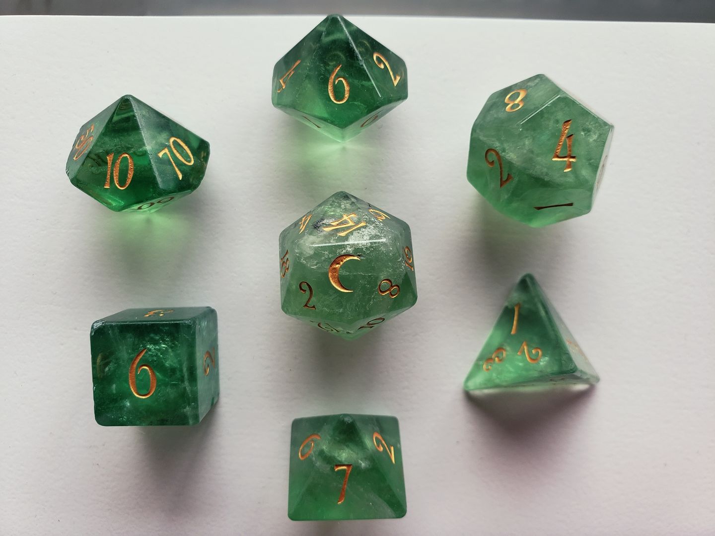 Customer photo review of URWizards Dnd Green Fluorite Gemstone Engraved Dice Set Moon Style