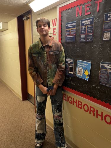 Customer photo review of Tie Dye Washed Denim Trucker Jacket