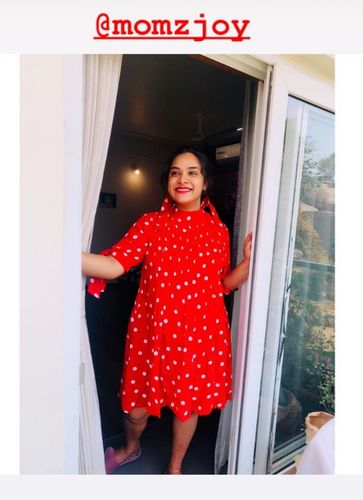Customer photo review of Cute Red Polka Side Ties Maternity Dress