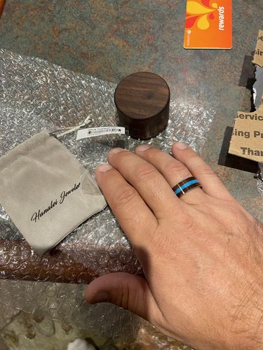 Customer photo review of Koa Wood Turquoise Wedding Ring Flat Mens Ring 10mm Flat Shape Hawaiian Ring