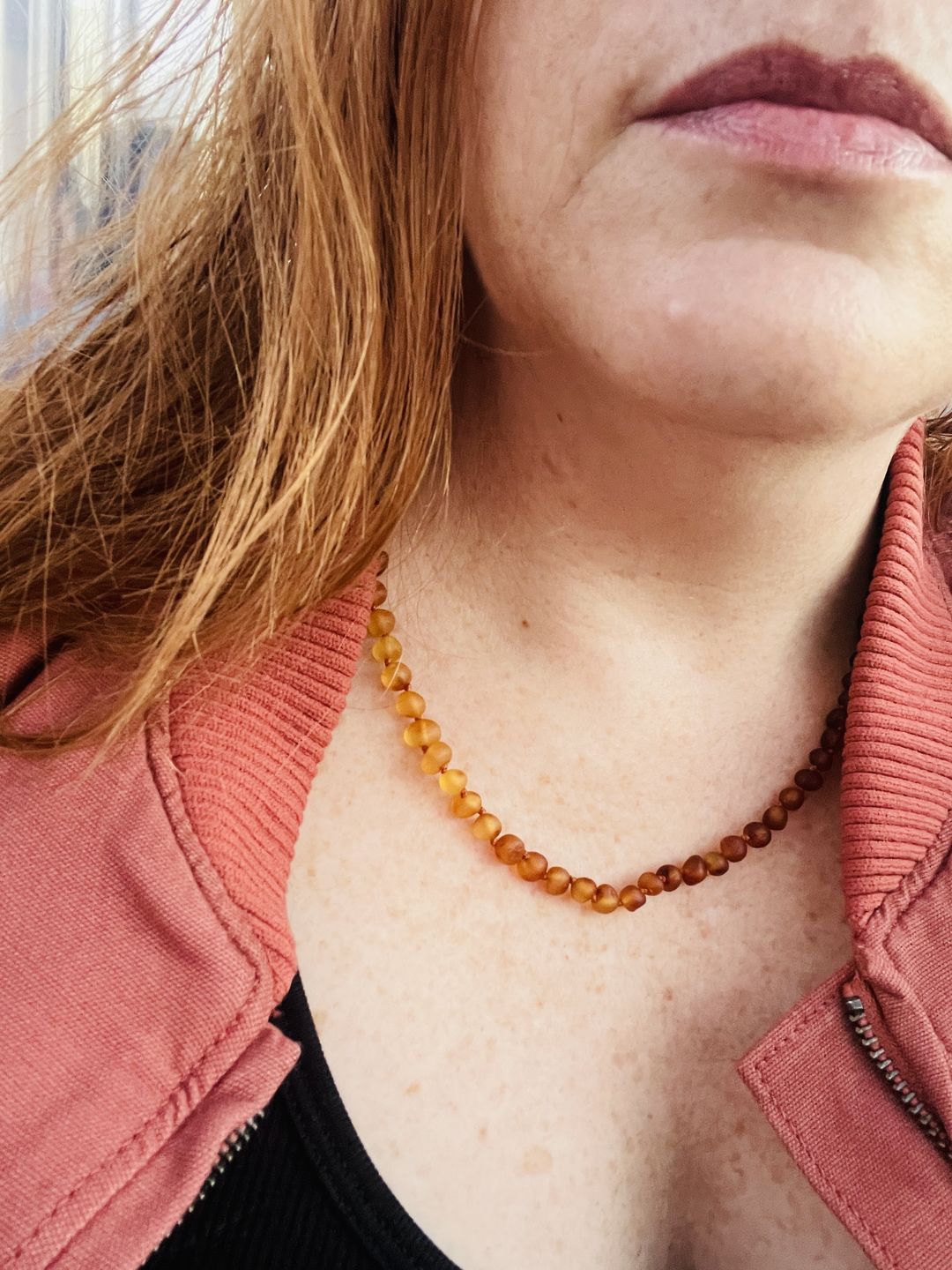 Customer photo review of Raw Ombre Amber Necklace