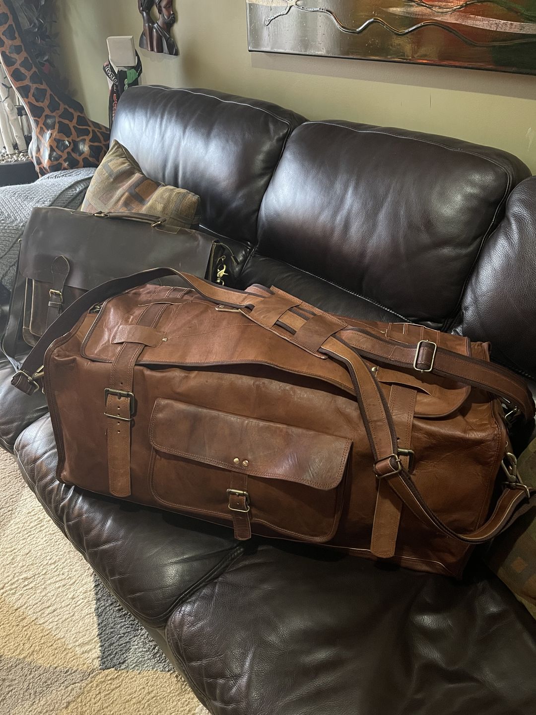 Customer photo review of Vintage Brown Flap Leather Duffle Bag